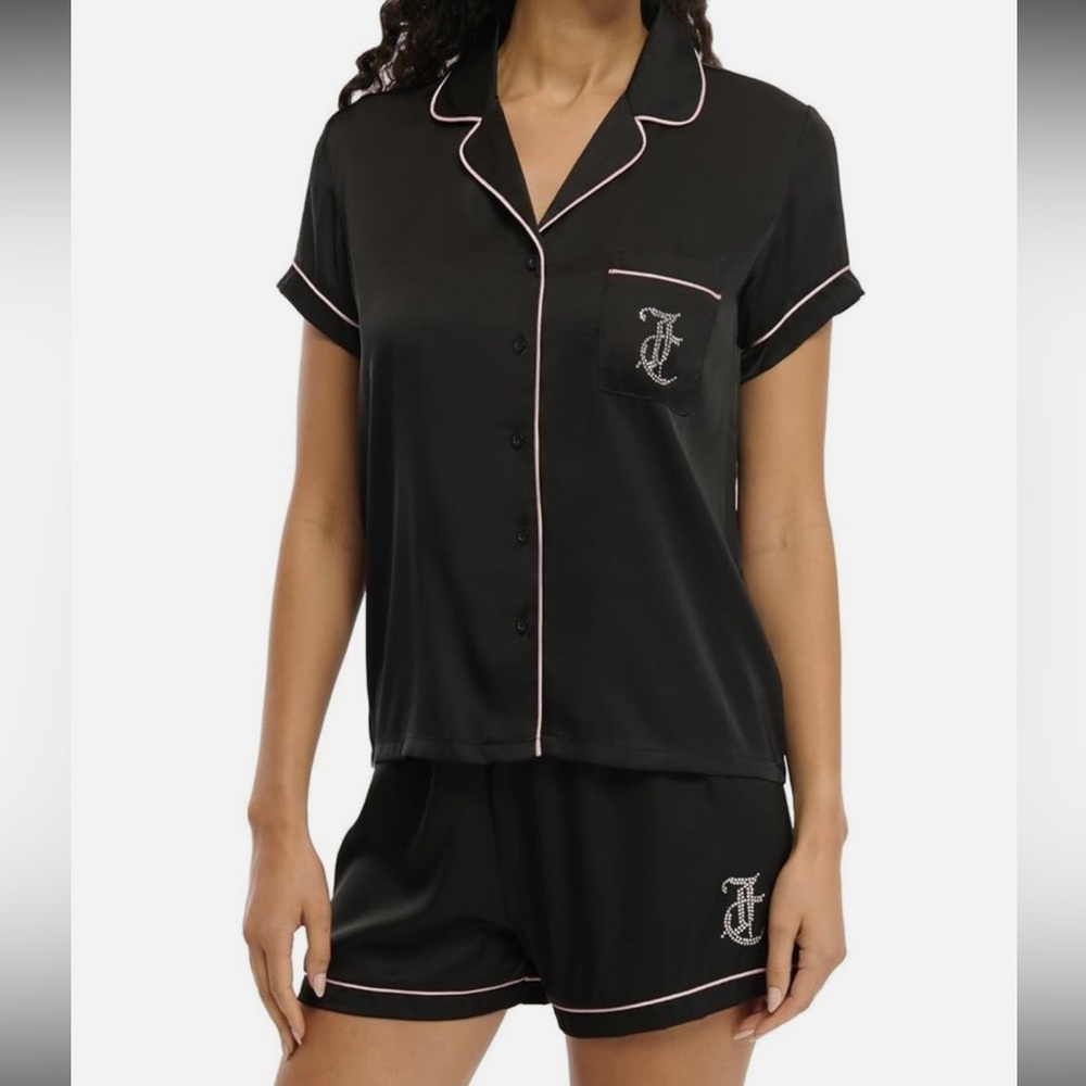 Juicy Couture Black Satin Pajama Set with Pink Trim